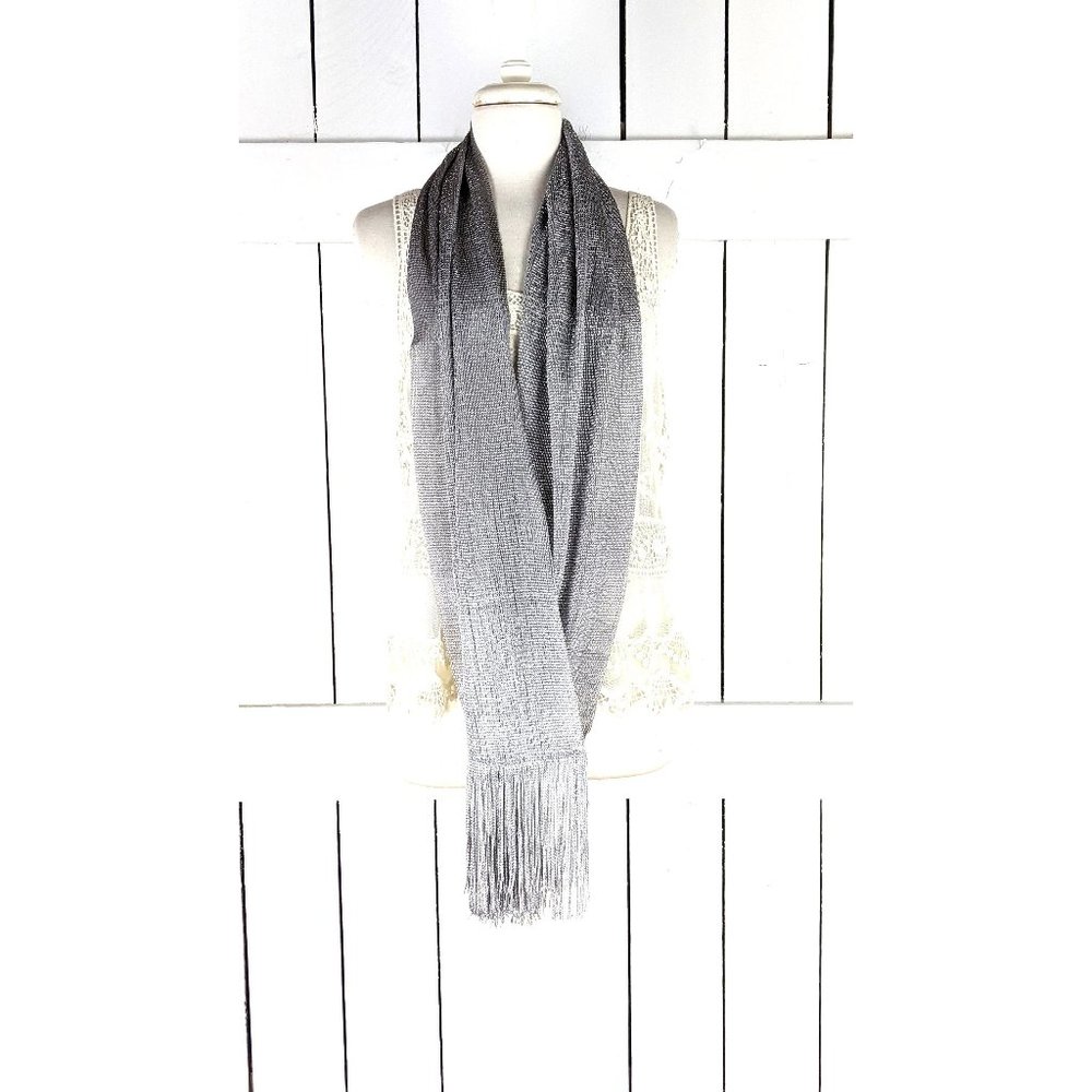 Metallic silver mesh open weave infinity fringe scarf